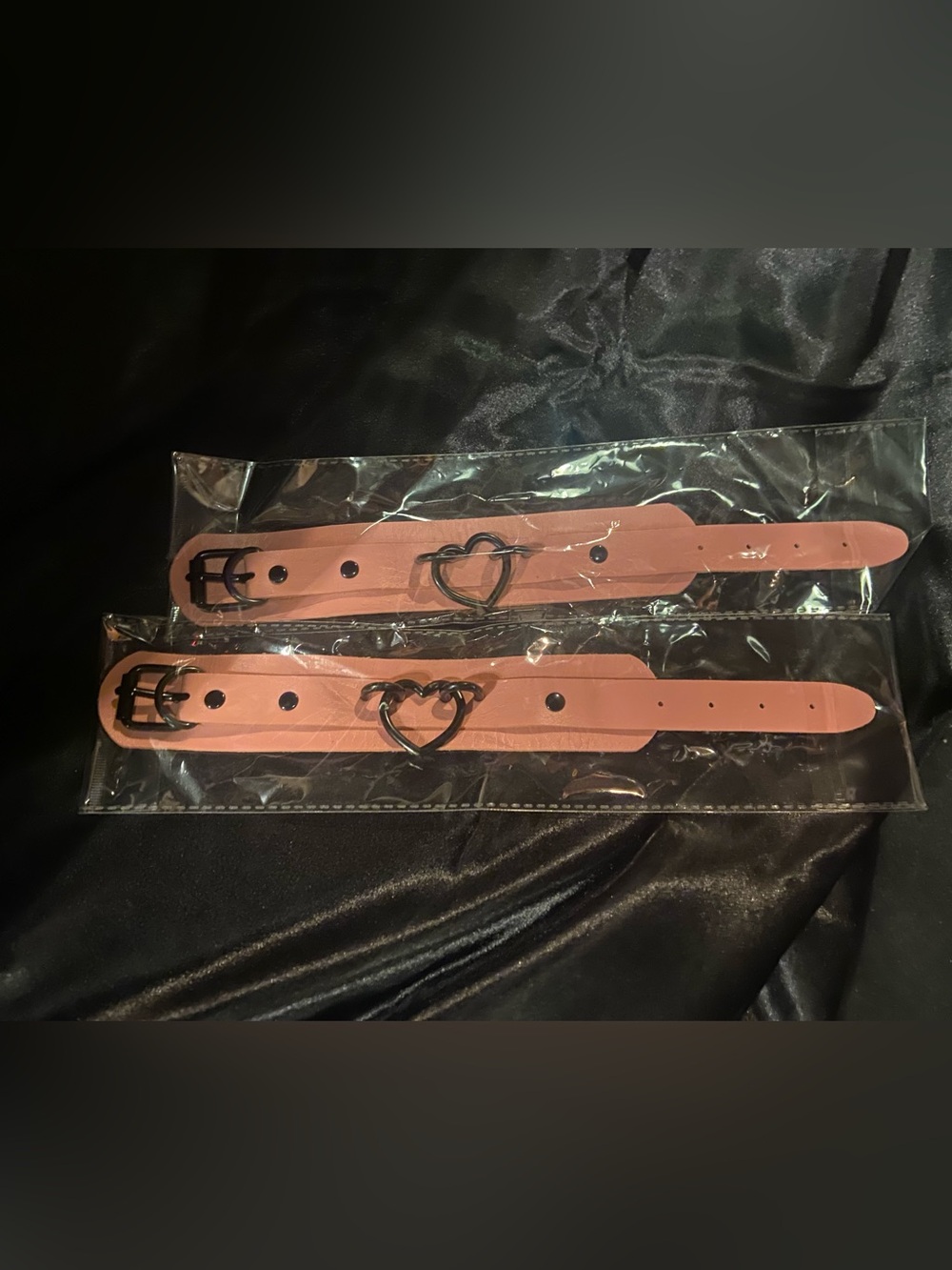 Pair  of  Pink PU Leather Bracelets with Black Metal Heart- Goth/ Punk -NWT